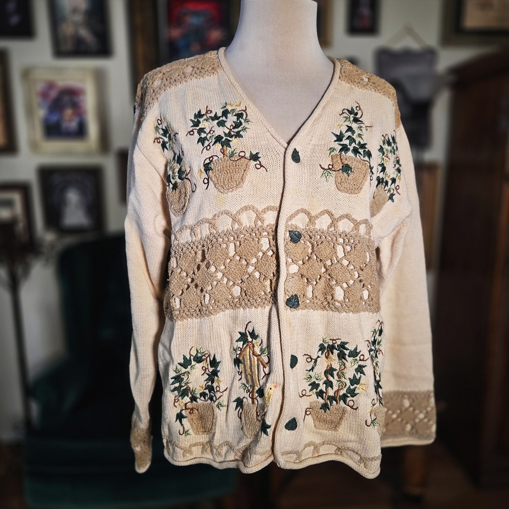 Vintage 90s BellePointe Embroidered Garden Crochet Cardigan Knit Plant Sweater - Picture 2 of 8